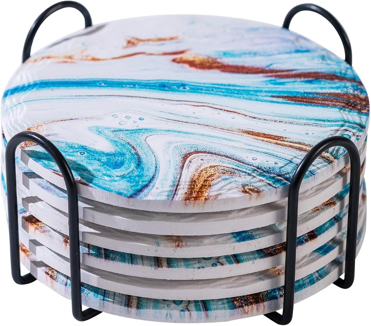 Marble Coasters with Holder Set of 6, Blue Marble Abstract Ceramic Coasters for Drinks, Housewarming Birthday Gifts,