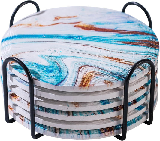 Marble Coasters with Holder Set of 6, Blue Marble Abstract Ceramic Coasters for Drinks, Housewarming Birthday Gifts,