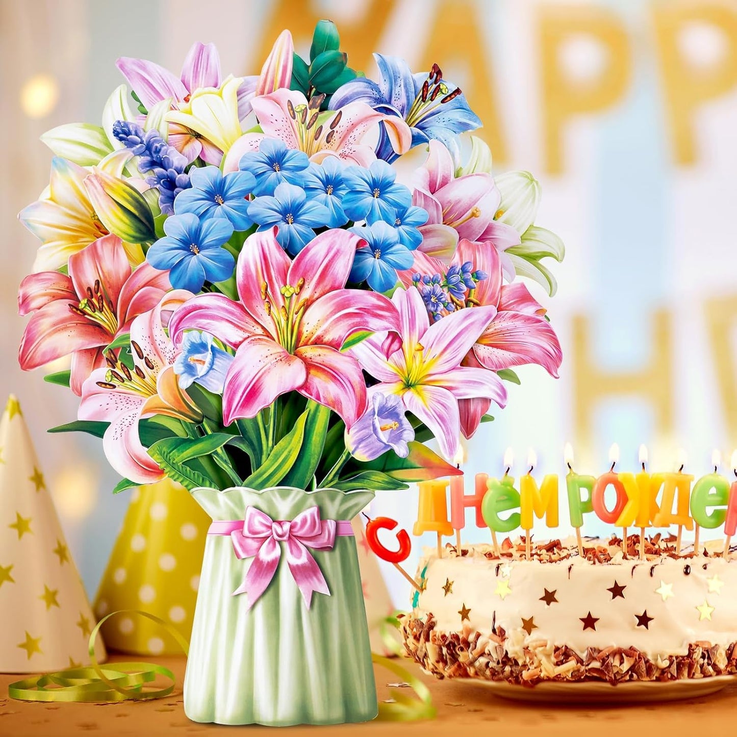 Airpark Pop Up Flower Card, 3D Greeting Card – Colorful Lily Bouquet – For Mom, Teacher – Thank You, Birthday, Mother’s Day Card