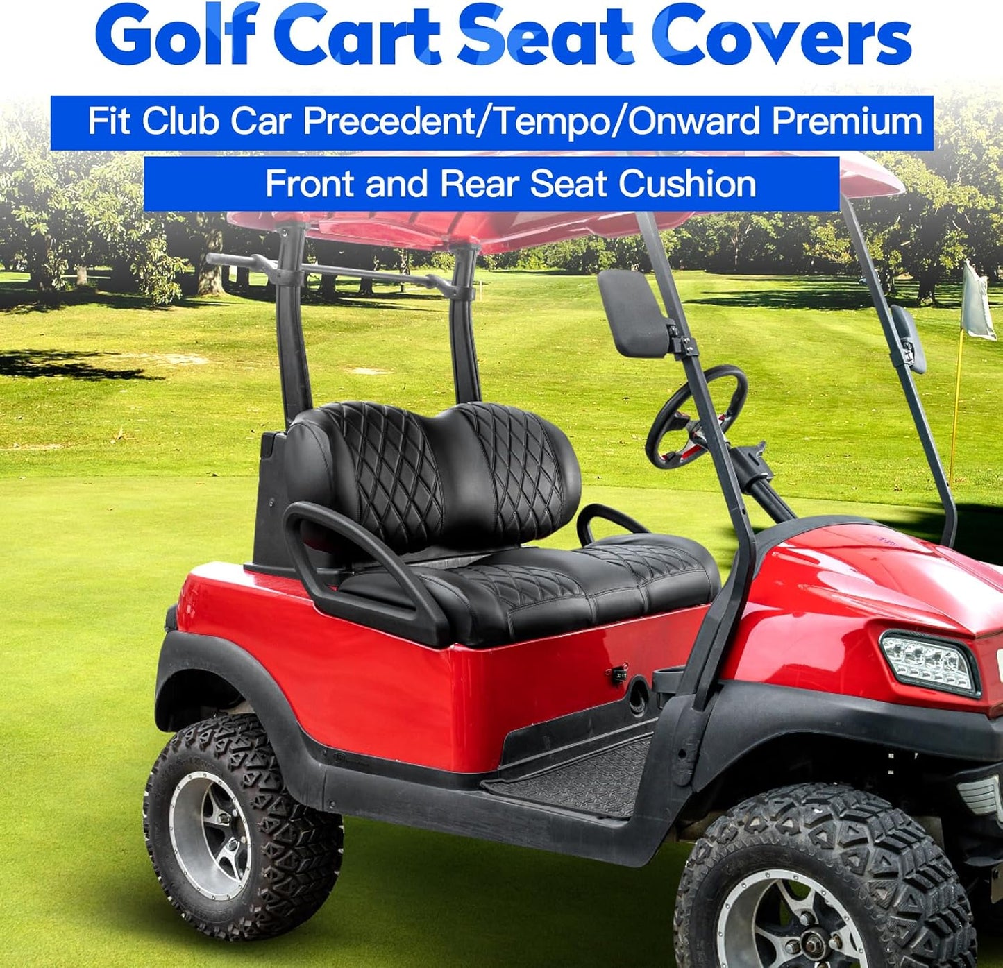 NOKINS Golf Cart Front&Rear Seat Covers Kit, Front Seat Covers Fits Club Car Precedent/Tempo/Onward Premium Seat Cushion, Rear Seat Covers Fits Aftermarket Standard Cushion (Black&Black Stitch)