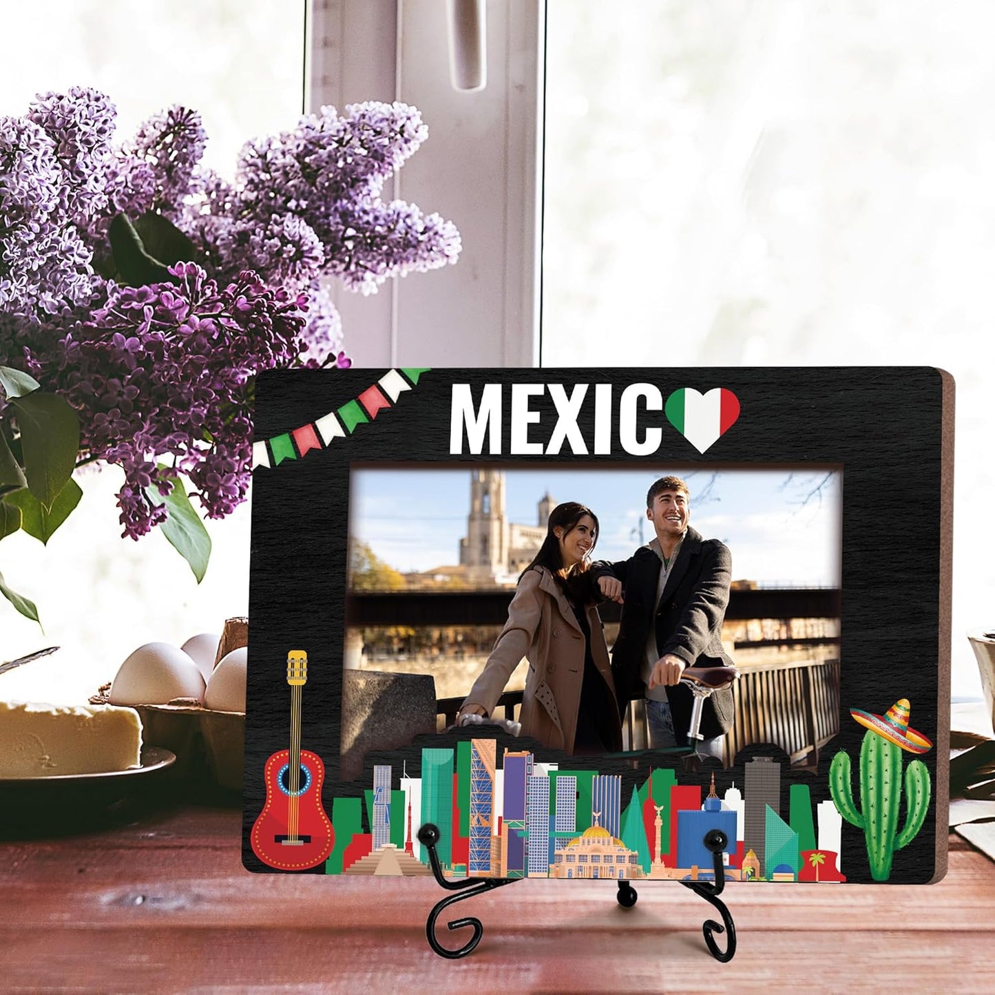 Mexic Travel Picture Frame, 5 x 8 Mexic Themed Wooden Photo Frame with Stand, Vacation Anniversary Honeymoon Gifts For Friend Family Couples, Home Office Desk Decorations-A10