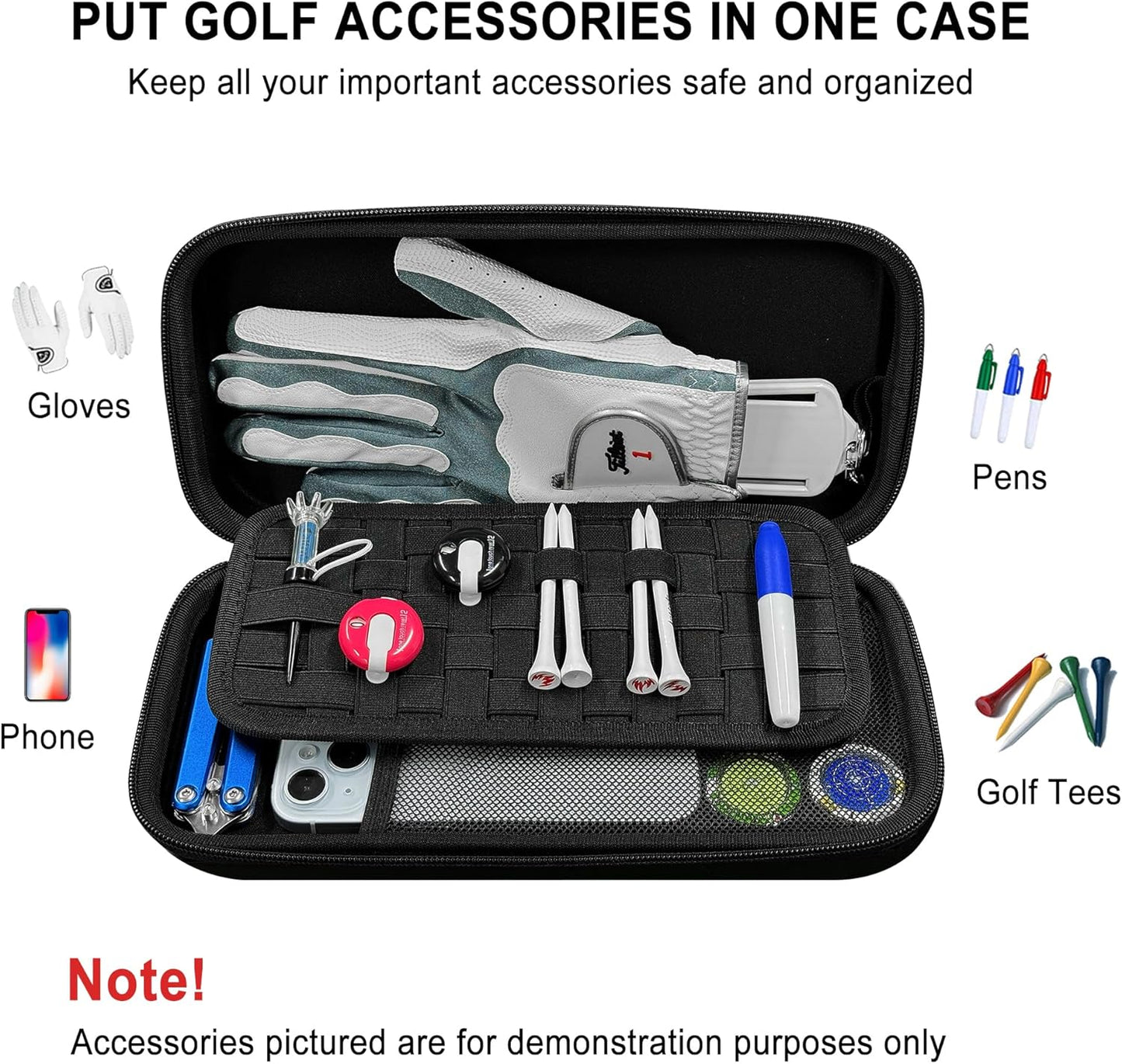 Golf Glove Case with Glove Shaper, Golf Accessories Storage Case for Tees, Ball Markers, Phone, Hard Shell Golf Bag Organizer for Golfers. A Golf Bag Accessories Must Have