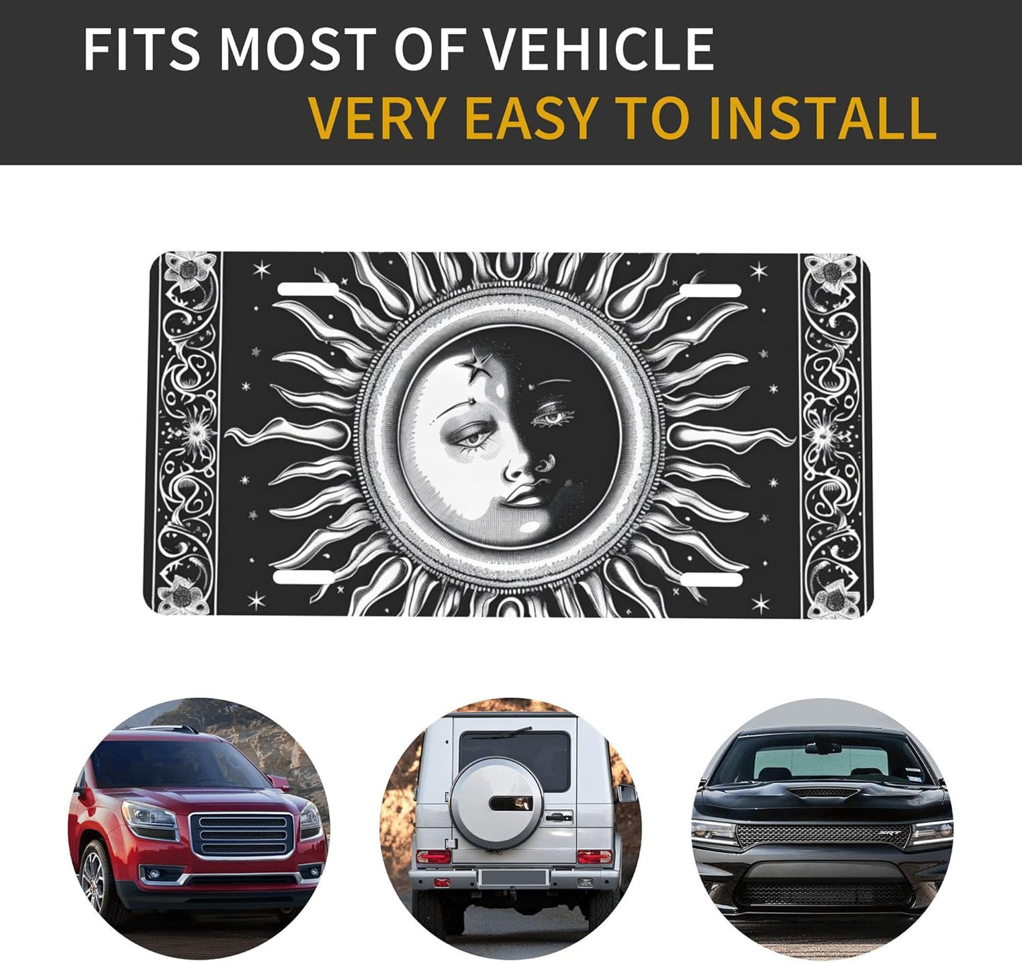 Front License Plate for Car Designs Ethnic Yinyang Sun Moon Stainless License Plate Cover Holder for Men Women Metal Aluminum Decorative Accessory Vanity Tag Standard 6 X 12 Inch (4 Holes)