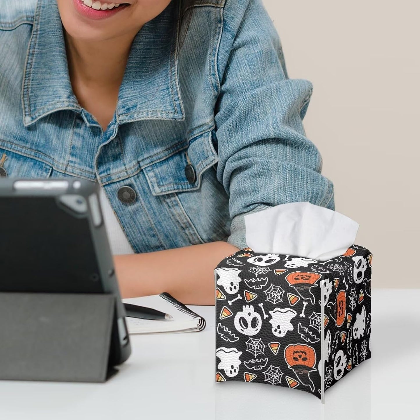 Ghost Skull Tissue Box Cover Halloween Tissue Box Facial Paper Square 5x5x5 inch Holder Organizer Modern Home Office Bedroom Car Bathroom Decor