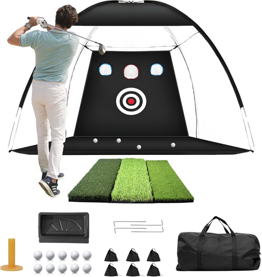 Golf Hitting Net 10x7FT with Tri Turf Mat, Golf Nets for Backyard Driving Real Golf Balls with 10 Balls, 4 Ground Stakes, 6 Windproof Sandbags, Rubber Tee, Tray and Carry Bag Indoor/Outdoor Use