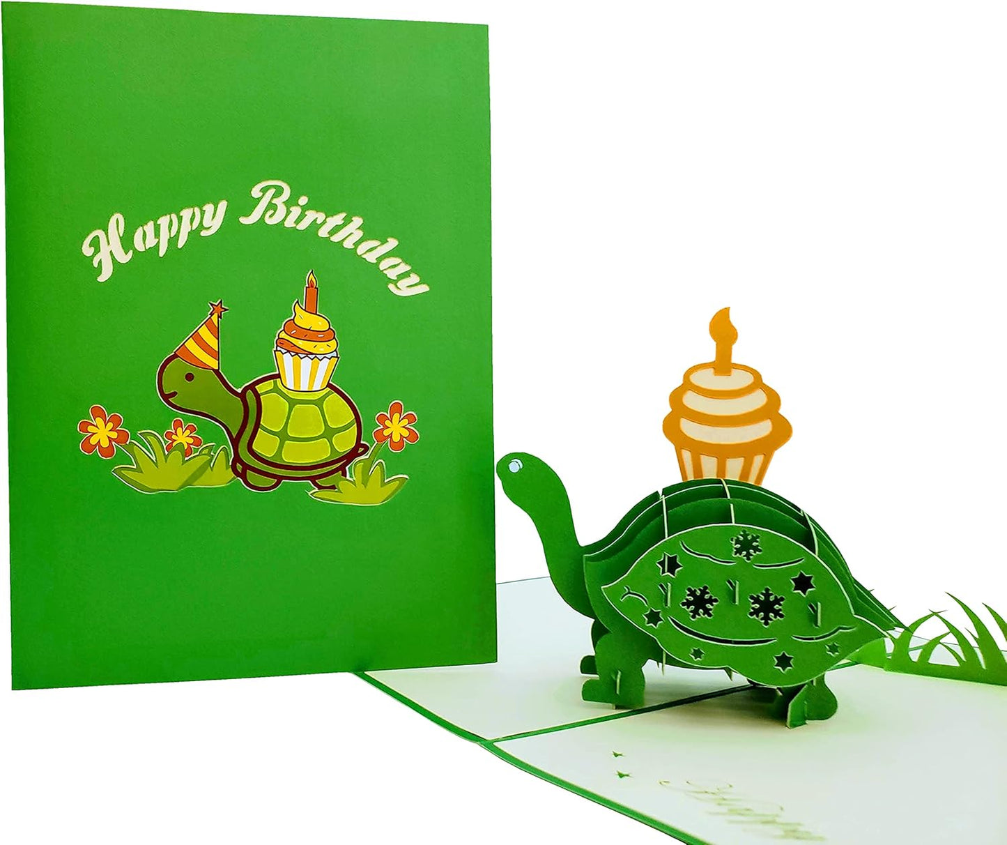 iGifts And Cards Funny Birthday Turtle 3D Pop Up Card – Belated Tortoise With Cupcake, Animal-Themed Greeting, Cute Cake and Candle Surprise, Unique Celebration for Late Birthdays, 5" x 7"