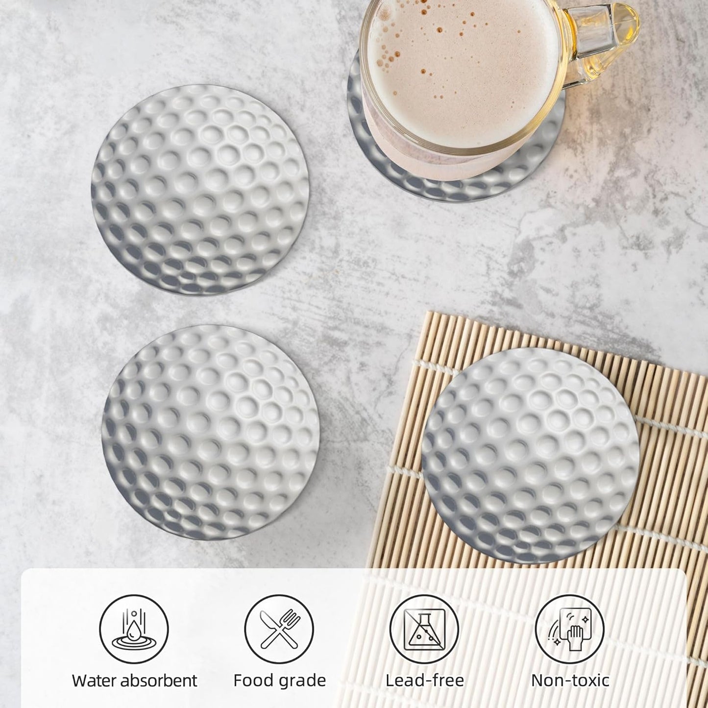Golf Ball Golfing Sport Coasters for Drinks Set of 4, Absorbent Ceramic Drink Coasters for Coffee Table Wooden Table Cup Bar, 4 Inches