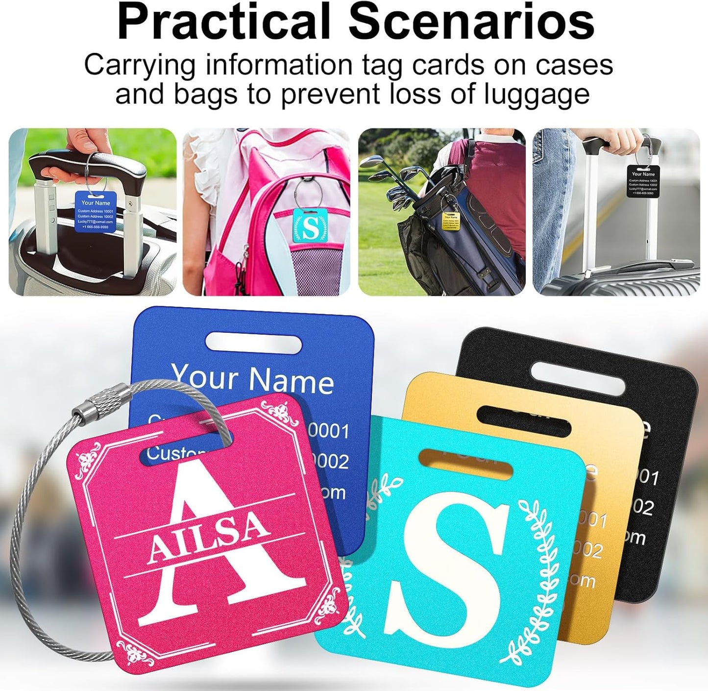 Personalized Initial Luggage Tags for Suitcases - Metal Engraved Custom ID Luggage Name Tag - School Bag Backpack Tags for Kids Women Travel Essentials Golf Baggage Accessories