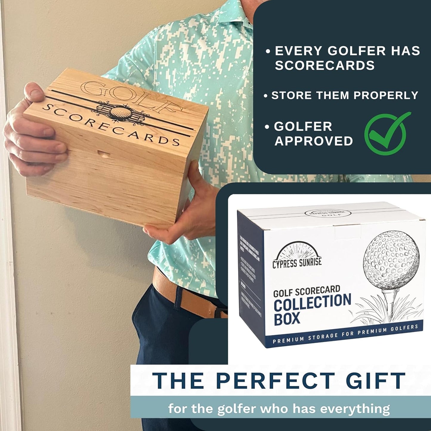 Golf Scorecard Collection Box - Holds Scorecards, Photos, Keepsakes, Yardage Books | Golf Storage Box with 5 Dividers to Organize and Display Golf Score Cards and Accessories Perfect Unique Golf Gift