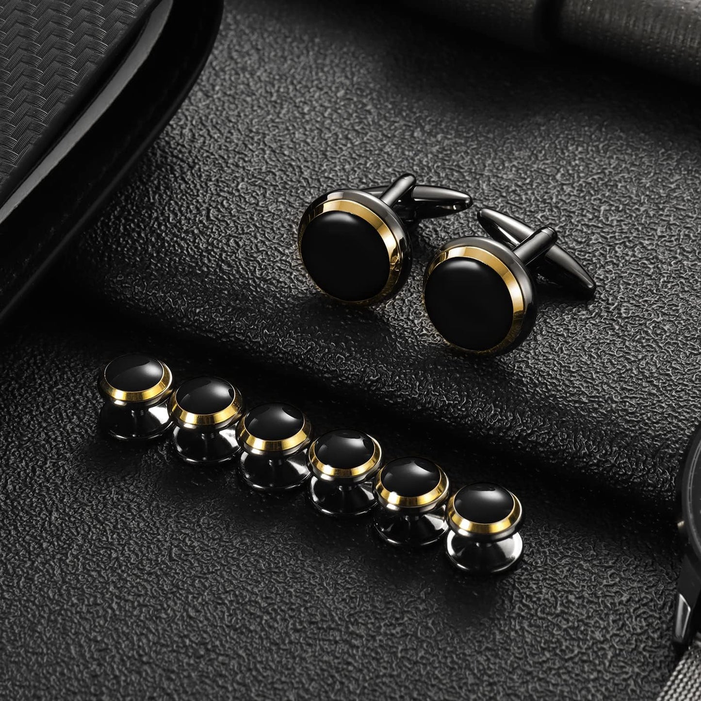 HAWSON Cufflinks and Studs for Men-Fashion Men Vintage Enamel Carbon Fiber Tuxedo Shirt Cufflinks and Studs Set for Regular Wedding Business Accessories