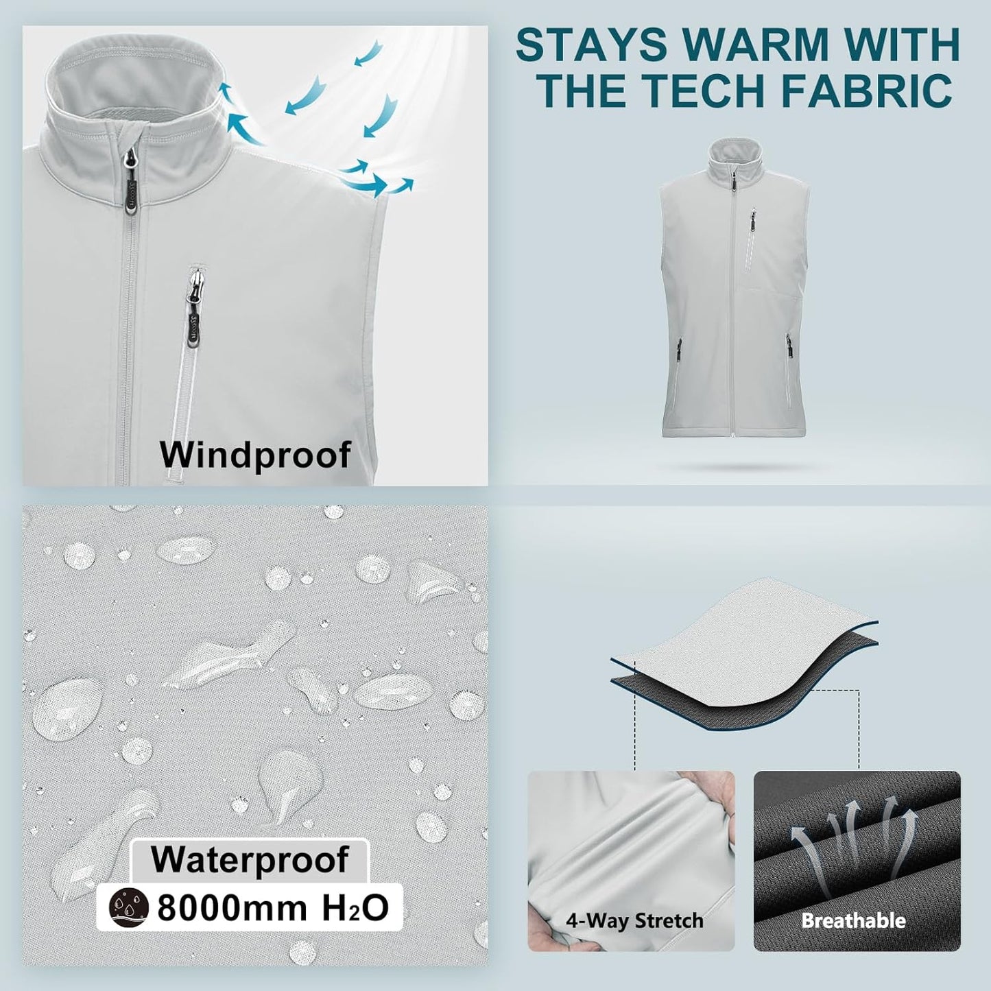 33,000ft Men's Windproof Lightweight Golf Vest Outerwear with Pockets, Softshell Sleeveless Jacket for Running Hiking Sports