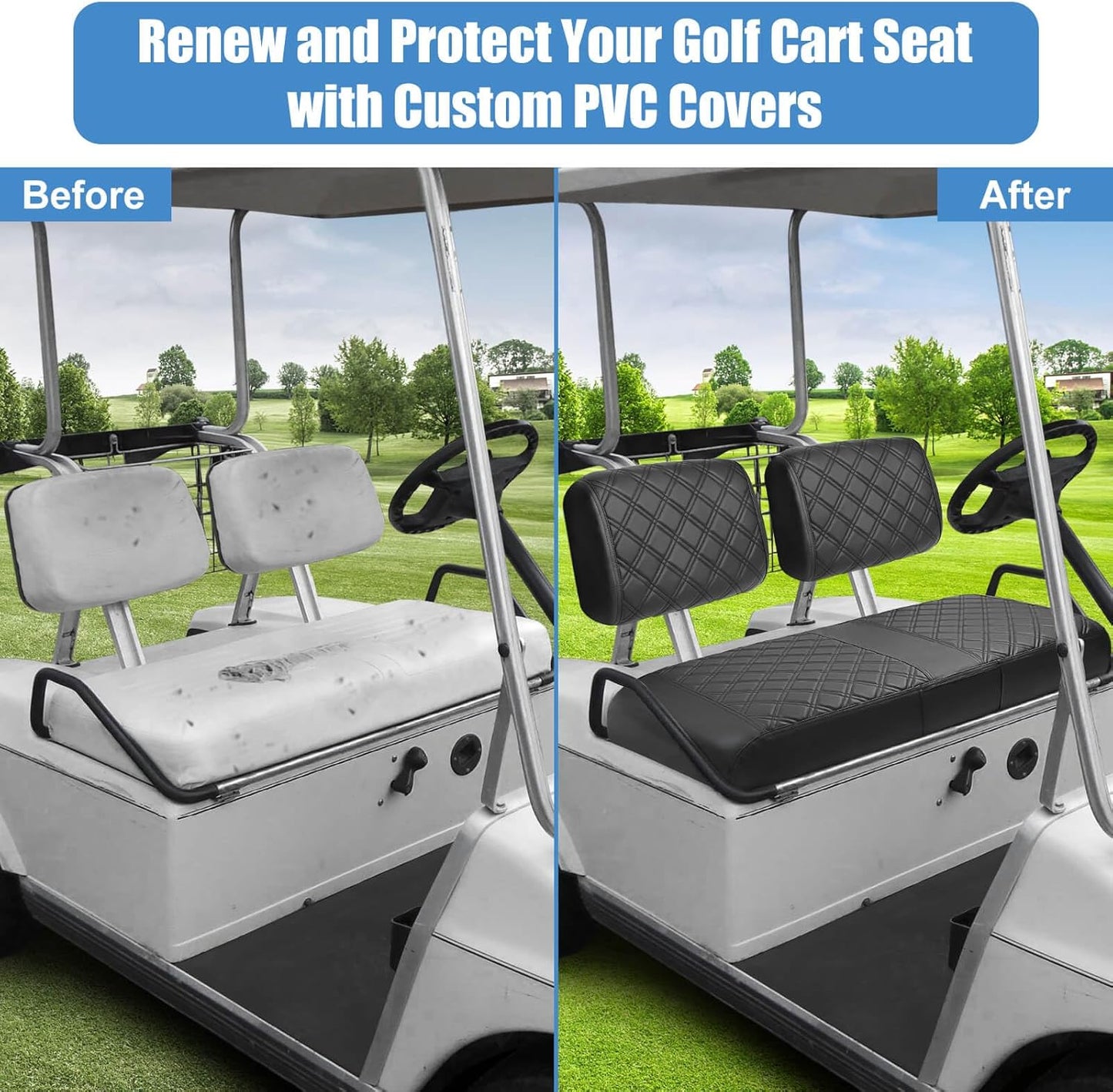 Club Car DS Pre-2000 Seat Cover, Golf Cart Front Seat Cover Fit For Club Car DS 1982-2000 OEM Ordinary Seat Cushion, Concave and Convex Design Appearance, Thick Vinyl Leather Comfortable/Breathable