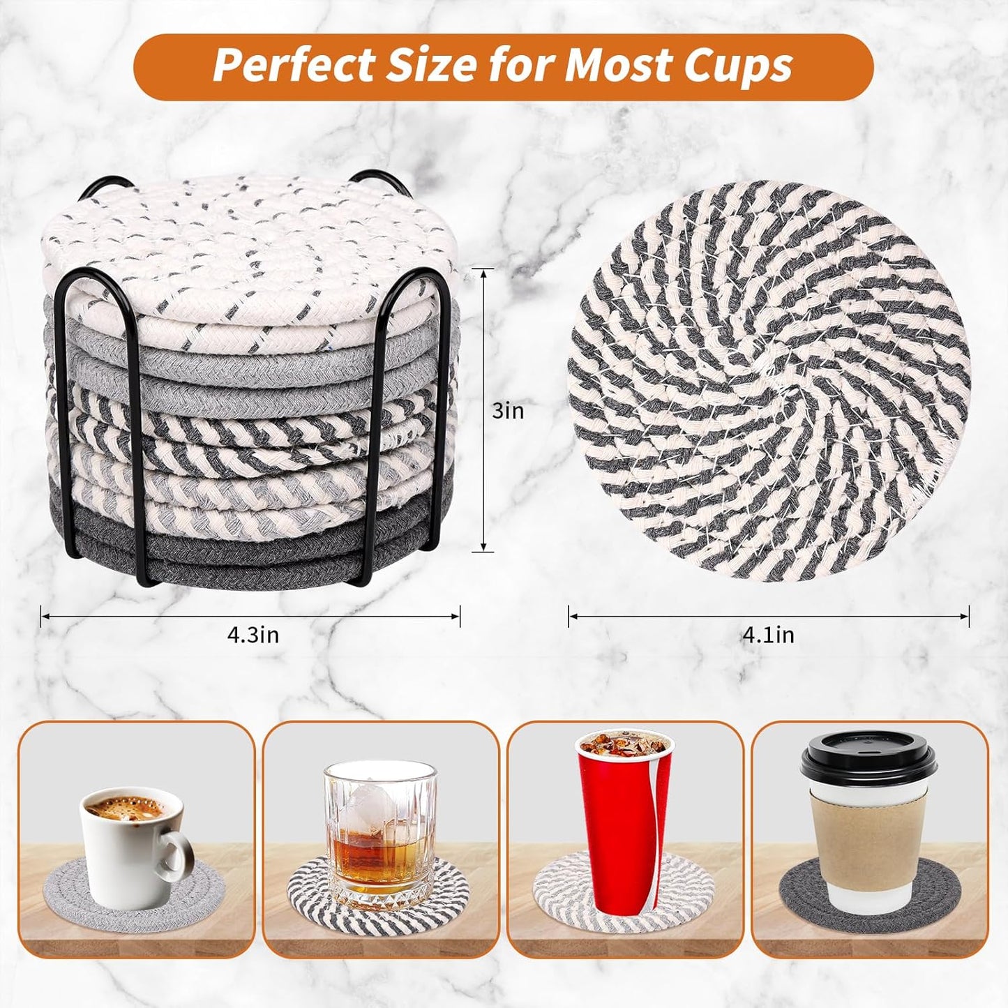Mckanti 10 Pcs Round Cotton Coasters with Holder, 5 Colors Absorbent Drink Coasters for Home Decor, Grey