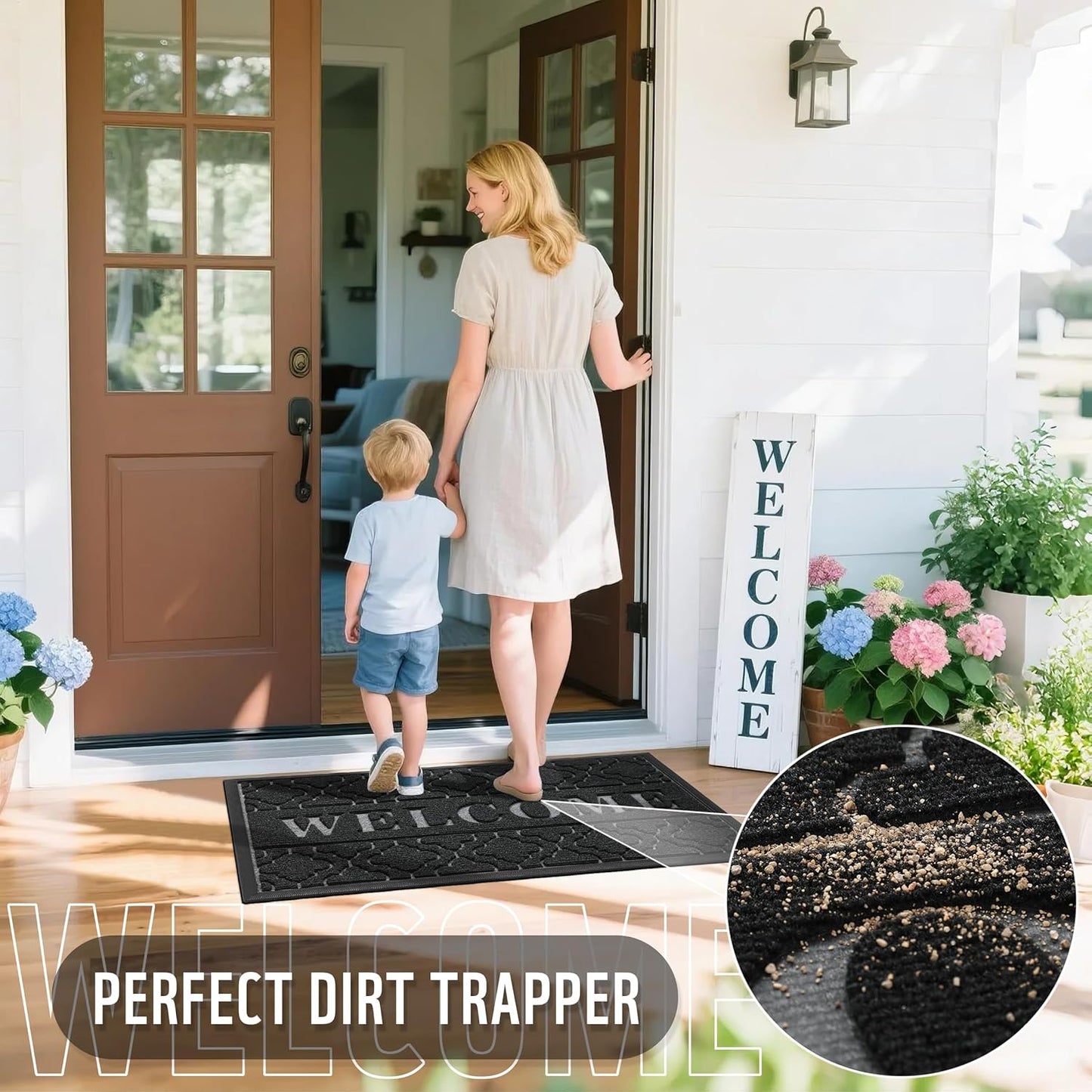 Yimobra Welcome Mat Outdoor Indoor 29.5x17, All-Weather Waterproof Front Door Mat Outside Entrance, Non-Slip Low Profile Porch Patio Doormat, Black