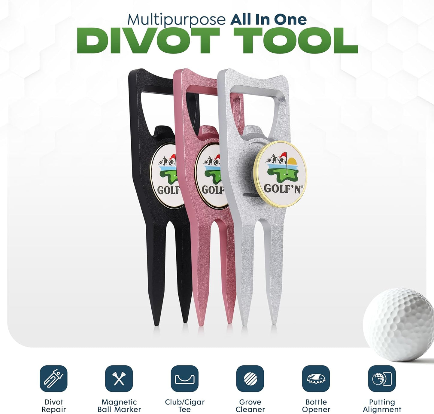 Golf'N Aluminum Golf Ball Marker Divot Repair Tool - Magnetic Ball Marker, Groove Cleaner & Bottle Opener - Essential Golf Divot Tool for Golfers, Sleek Design