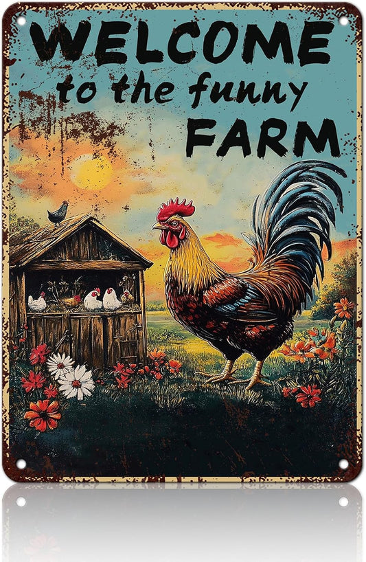 Vintage Chicken Coop Metal Signs Welcome To My Funny Farm Sign Retro Aluminum Sign For Home Garden Outdoor Yard Farmhouse 12x16 Inch