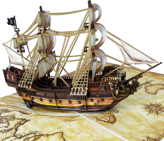 3D Pirate Ship Popup Card - Handmade Nautical Paper Art for Birthday, Anniversary, Christmas, Father’s Day - Unique Gift for Him, Her, Dad, Son, Husband, Pirate Lover