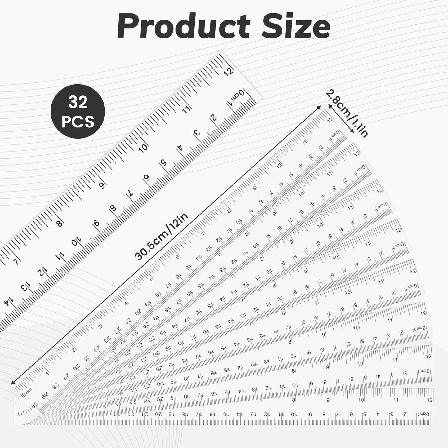 32PCS Clear Plastic Ruler 12 Inch with Centimeter and Millimeter, Transparent Metric Rulers Bulk Measuring Drawing Tool Home Office Supplies