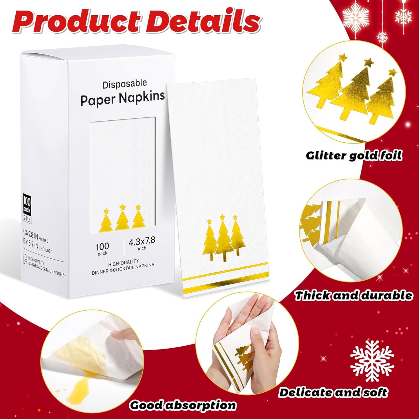 100 Pieces Christmas Napkins Disposable Christmas Gold Paper Napkins 7.8 x 4.3 Inch Decorative Guest Party Napkin White Gold Foil Xmas Tree Hand Towels for Winter Party Wedding Birthday