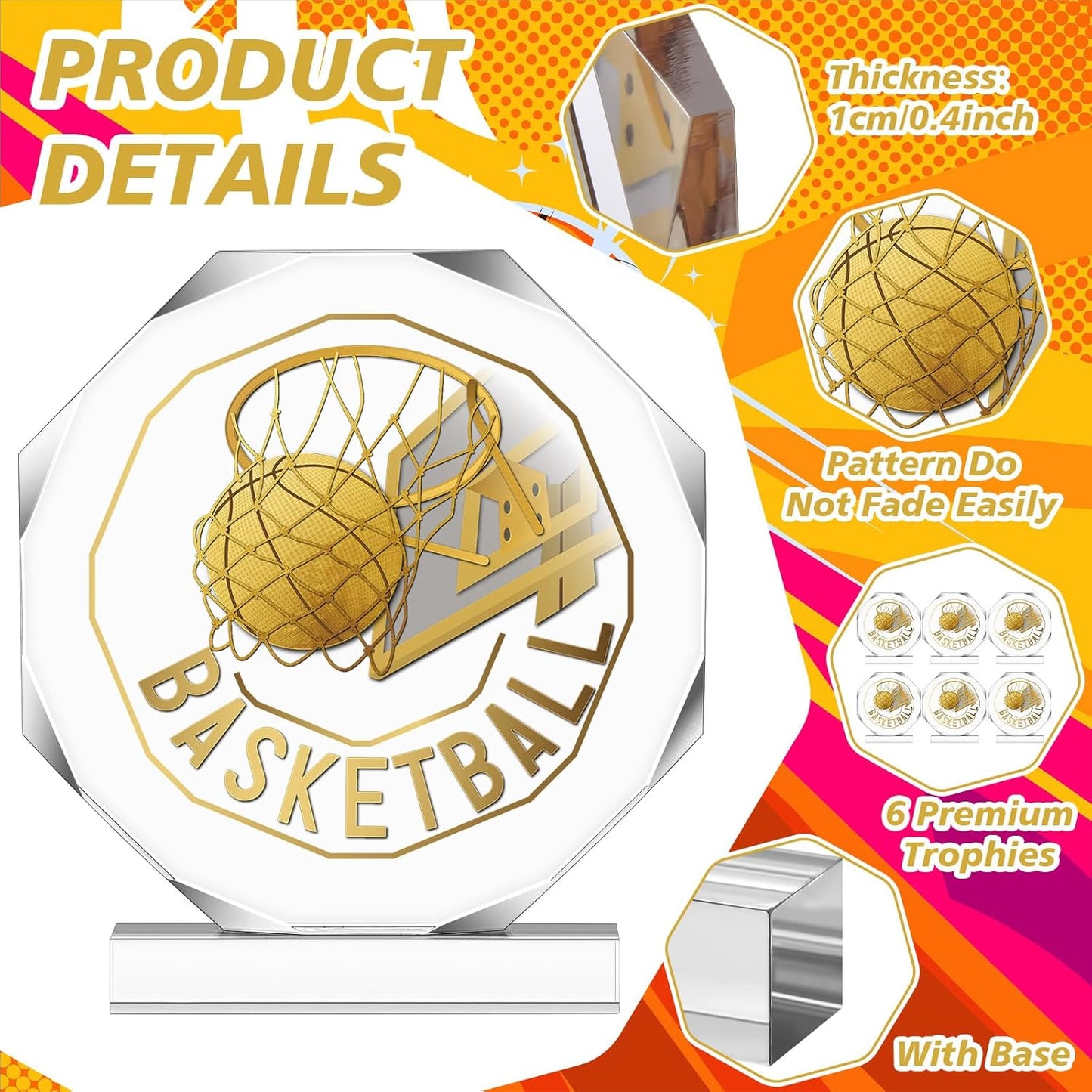 6 Pack Sports Trophy Acrylic Award Medals 4.72 x 4.72 Inch Sports Contest Trophies Bulk Plaques Team Prize Gift Trophies for Competition