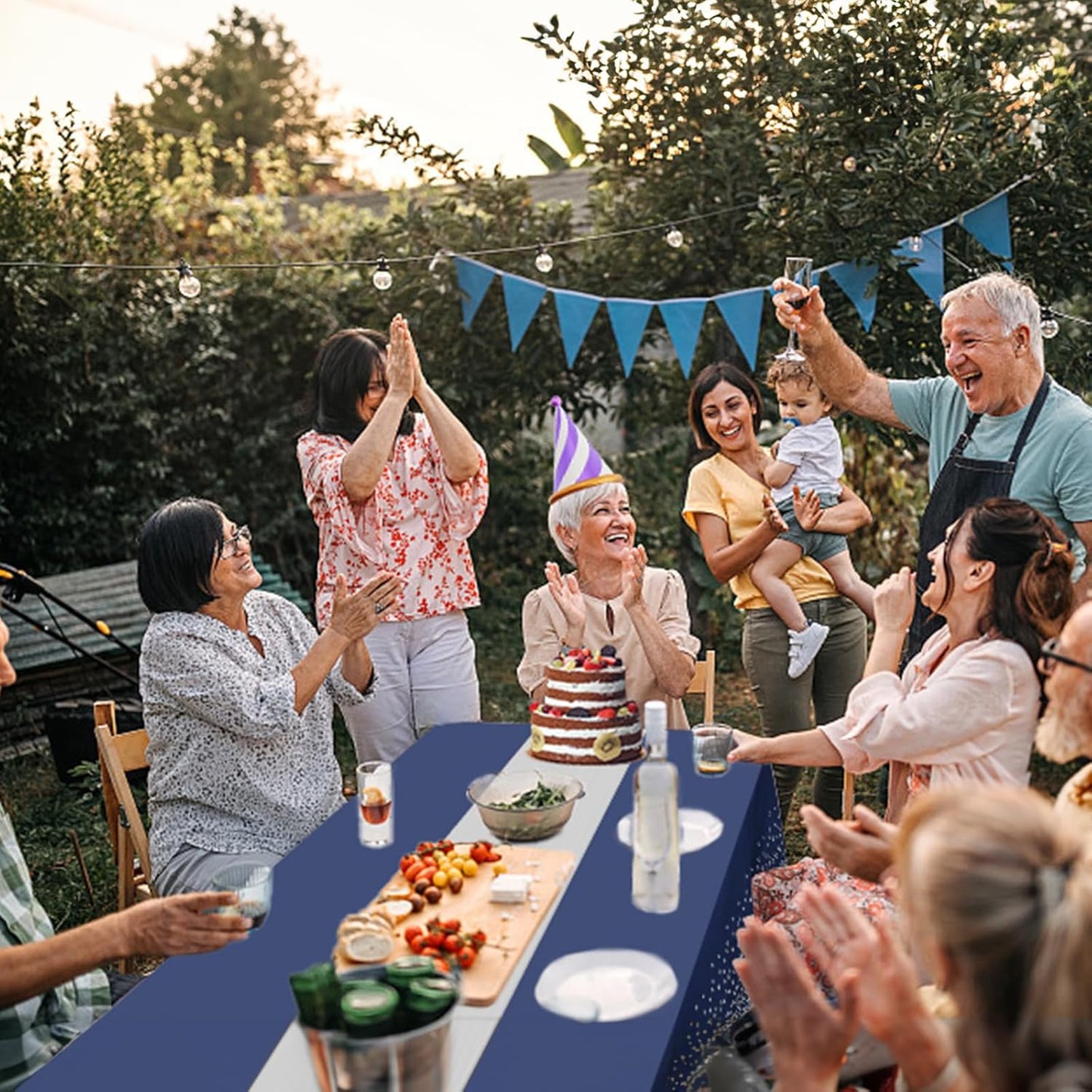 8 Packs Disposable Rectangle Tablecloth and Satin Table Runner, Blue and Silver Plastic Table Cloths for Parties Table Cover for Baby Shower Birthday Wedding Anniversary Holiday Party Decorations