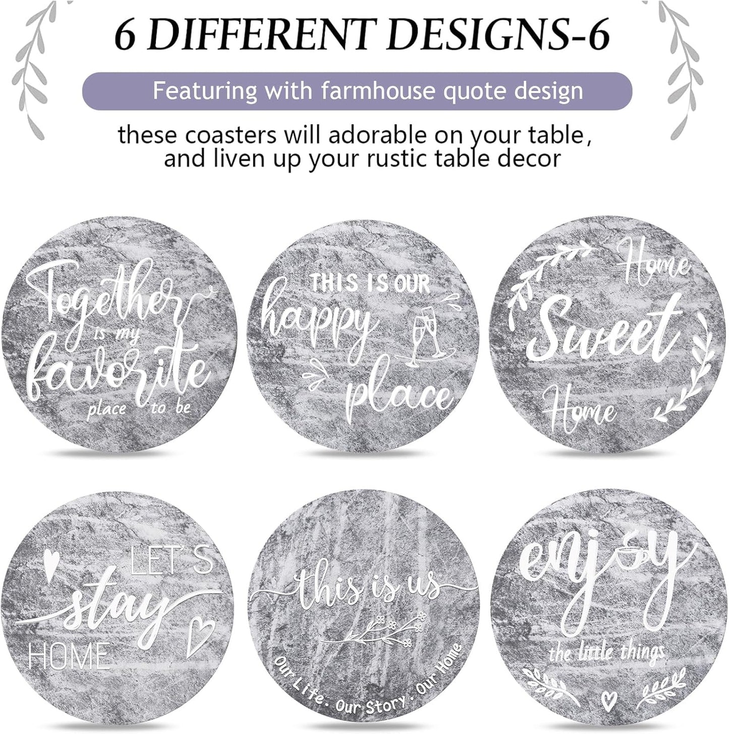 Queekay Housewarming Gifts for Home Decoration Wooden Heart Coasters for Drinks 6 Set Farmhouse Coasters with Holder Funny for Family Coffee Table Protection, 4''(Gray Marble)