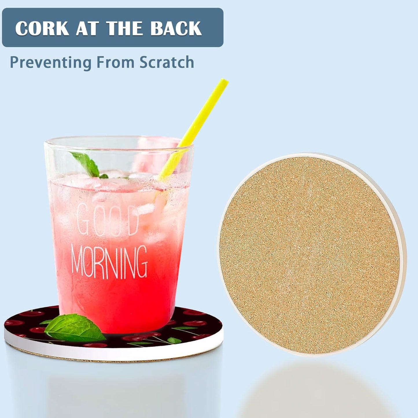 Coasters for Drinks,Red Cherry Cute Absorbent Coaster Set of 4 with Cork Base,Ceramic Drink Coasters for Cold Drinks Wine Glasses Cups Mugs,Housewarming Gifts for Home Decor