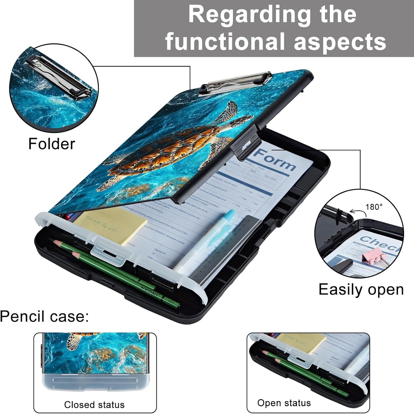 Clipboard with Storage - Large Capacity,Nursing Clipboard with Pen Holder,Heavy Duty,Plastic Side-Opening Folder for Teacher,Nurse - Swimming Sea Turtle