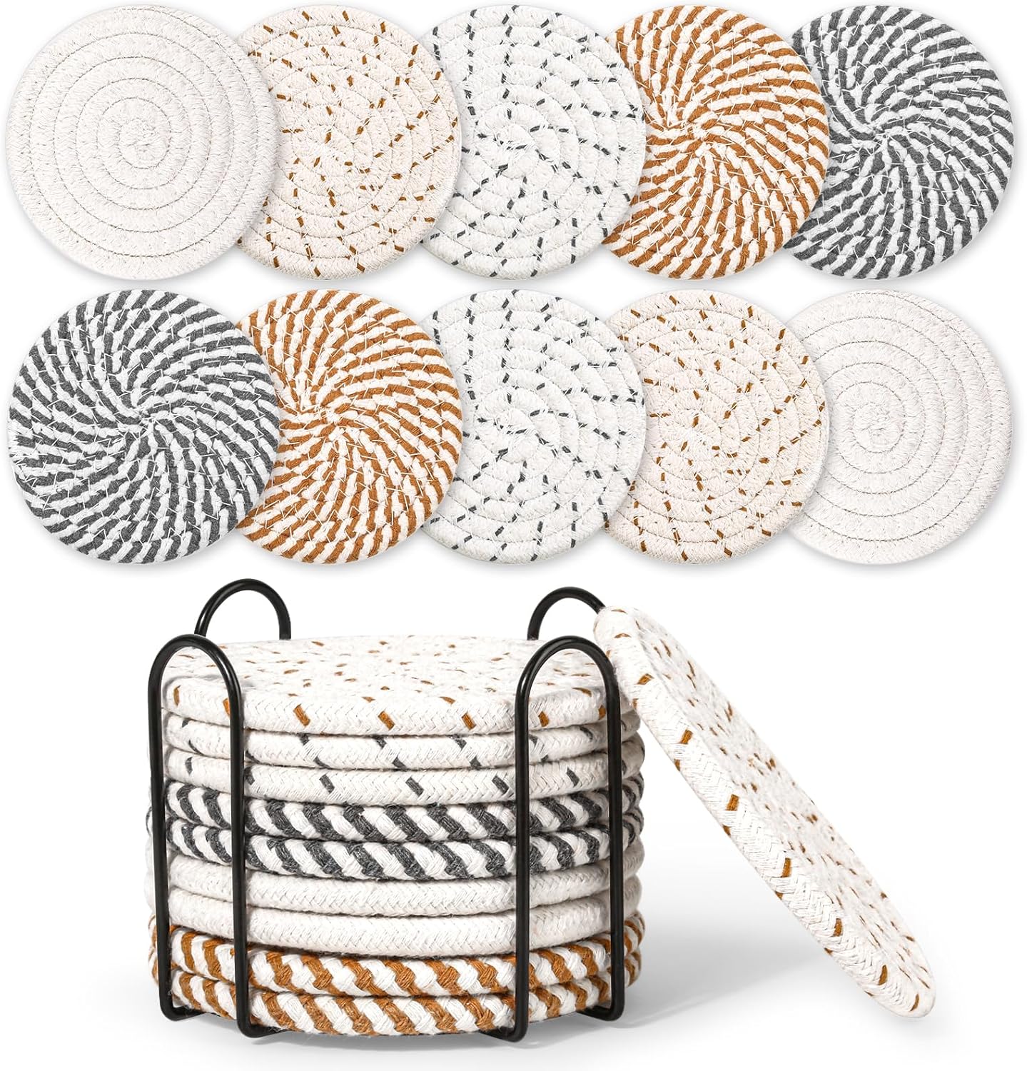 Mckanti 10 Pcs Drink Coasters with Holder, 5 Colors Absorbent Coasters for Drinks, Minimalist Boho Coasters Cotton Woven Coaster Set for Home Decor Tabletop Protection Suitable for Kinds of Cups
