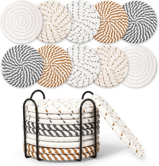 Mckanti 10 Pcs Drink Coasters with Holder, 5 Colors Absorbent Coasters for Drinks, Minimalist Boho Coasters Cotton Woven Coaster Set for Home Decor Tabletop Protection Suitable for Kinds of Cups