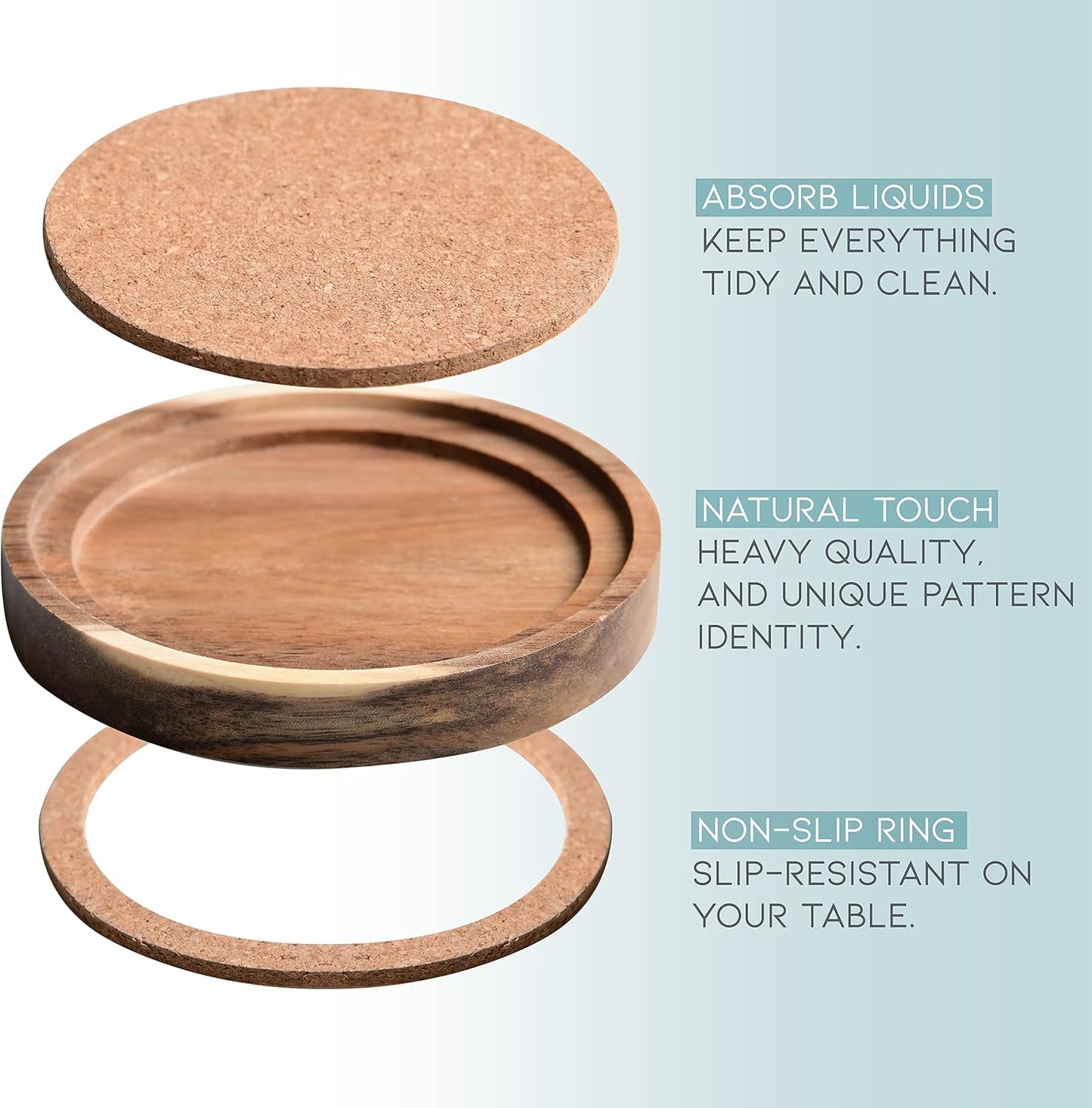 Acacia Wood Coasters for Drinks, 4.13 Inch, Set of 6, Absorbent and Insulation Cork Stackable Cup Holders, Rustic Coasters for Wooden Table, Designed by S1EGAN