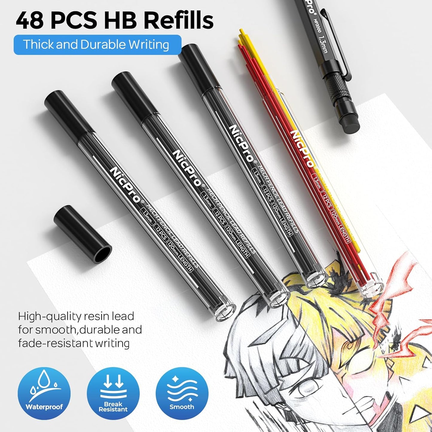 Nicpro 3 PCS 1.3 mm Blacke Mechanical Pencils Set with 48 Lead Refill, 3 Eraser - Weatherproof Metal Barrel, Heavy Duty Carpenter Pencil MP2000 for Outdoor Marking Drafting Drawing Woodworking