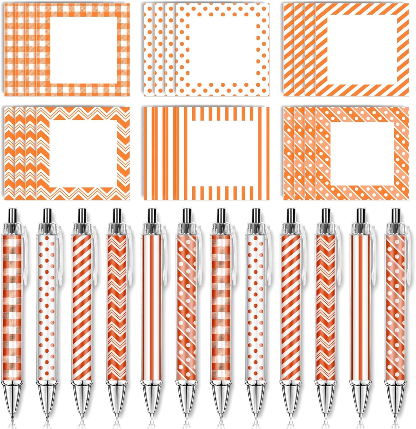 48 pcs Fall Stationery Set Orange-White Autumn Plaid Polka Dot Wave Line Sticky Note Pads with Ballpoint Writing Pens for Autumn Harvest Thanksgiving Party Favors Supplies