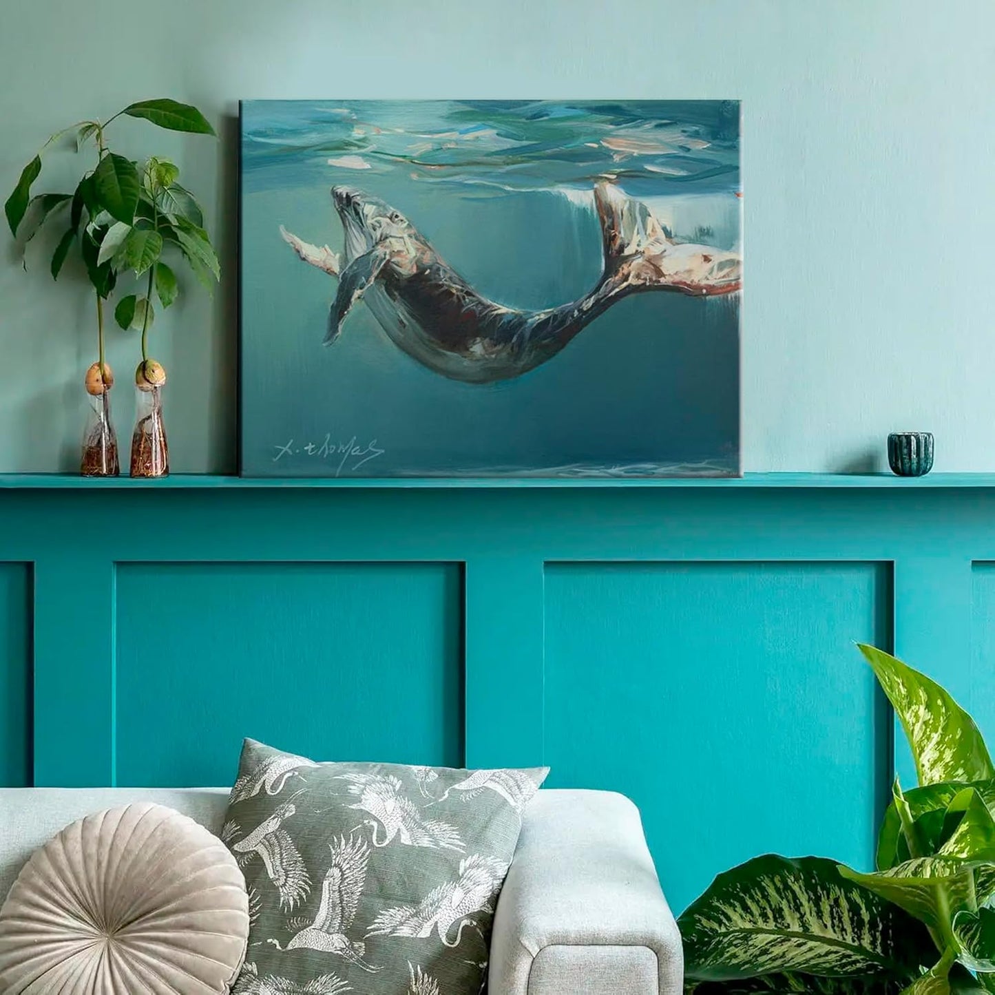 JZLDZS Whale Canvas Wall Art Coastal Bathroom Decor - Framed Blue Nautical Ocean Animal Pictures Wall Decor for Bedroom 12x16 Inch Ready to Hang