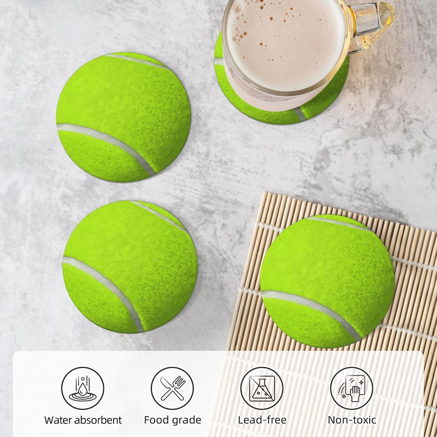 Tennis Ball Coasters for Drinks Set of 4, Absorbent Ceramic Drink Coasters for Coffee Table Wooden Table Cup Bar, 4 Inches