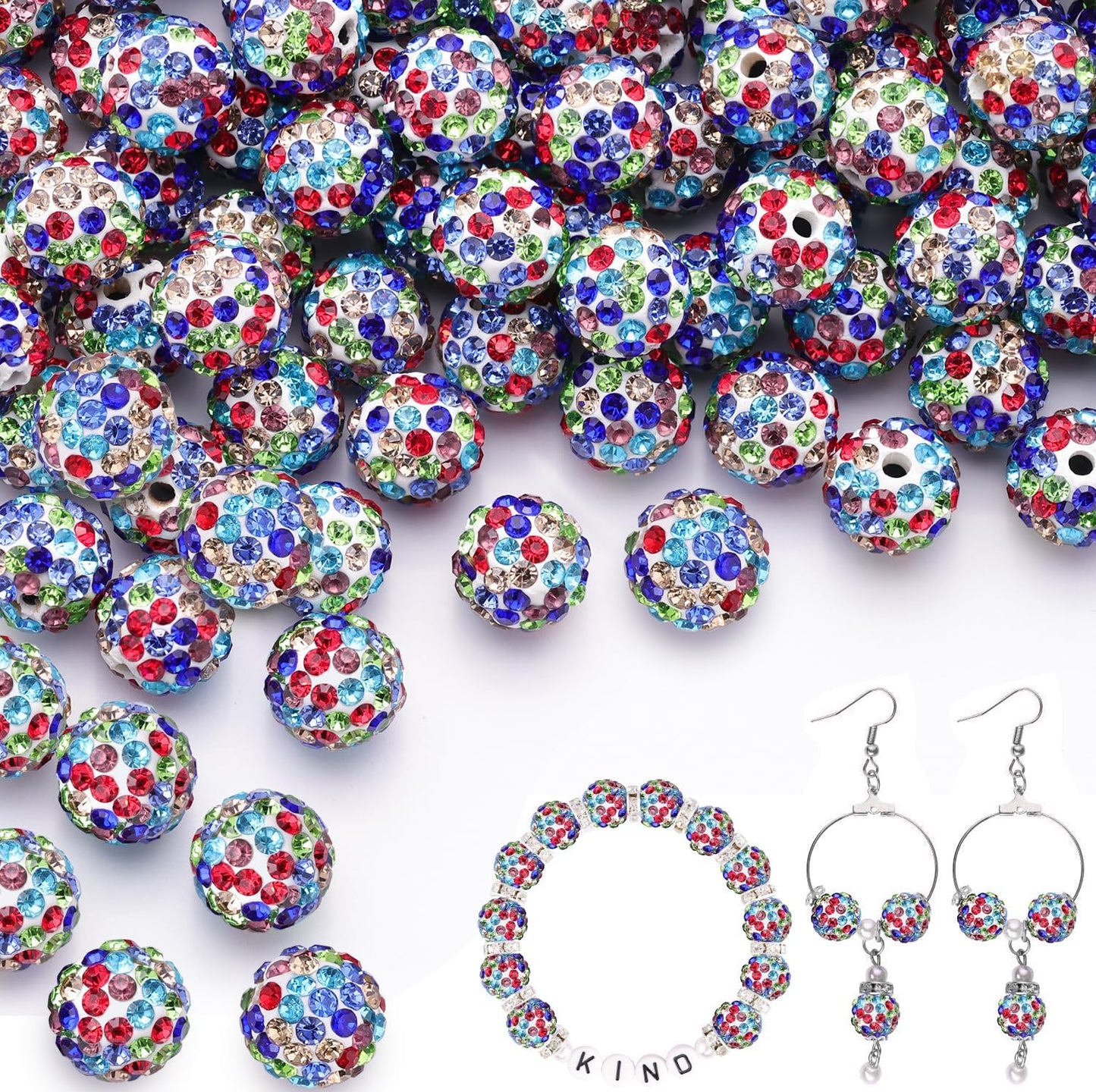 150pcs 10mm Rhinestone Beads for Jewelry Making, White Mixed Shiny Round Shamballa Disco Beads Bulk, Sparkle Crystal Clay Christmas for Bracelet Baseball Necklace Earring Crafting and DIY