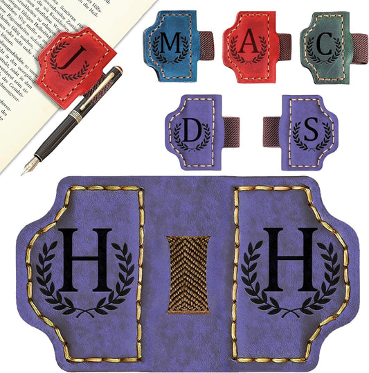 Bygone Mark Bookmark with Pen Holder, 26 Letters Name Initial Personalized Magnetic Bookmarks, Leather Book Mark for Men Women, Travelers Accessories, Teachers Readers Book Lovers Gifts (Purple, H)