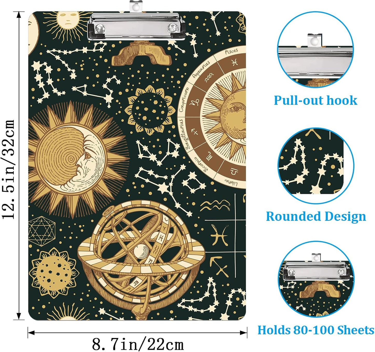 Horoscopes and Zodiacs Clipboard Standard A4 Letter Size 12.5 x 8.7 Plastic Clipboard Low Profile Clip Retractable Hanging Tab Decorative Clipboard