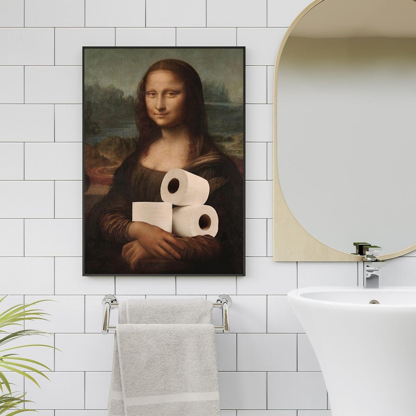 Funny Bathroom Wall Art Classical Oil Painting Mona Lisa and Toilet Paper Poster Amusing Prank Canvas Prints Vintage Humor Wall Decor for Restroom 24x36in Framed