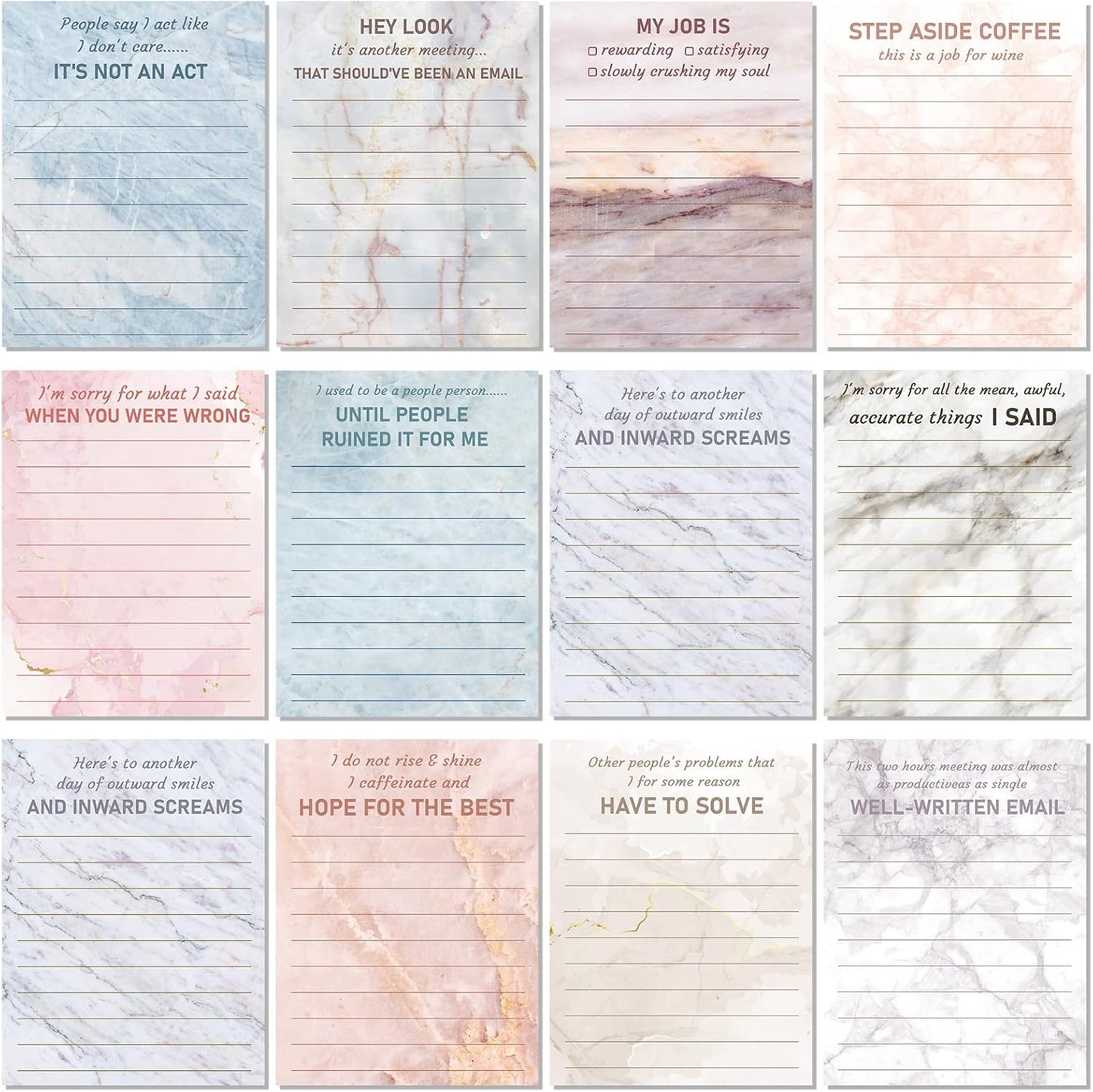 Funny Notepads with Sayings Sticky Funny Office Supplies to Do List Sarcastic Work Assorted Notepad for Workers, 12 Designs, 3 x 3.93 Inch(Marble Style)