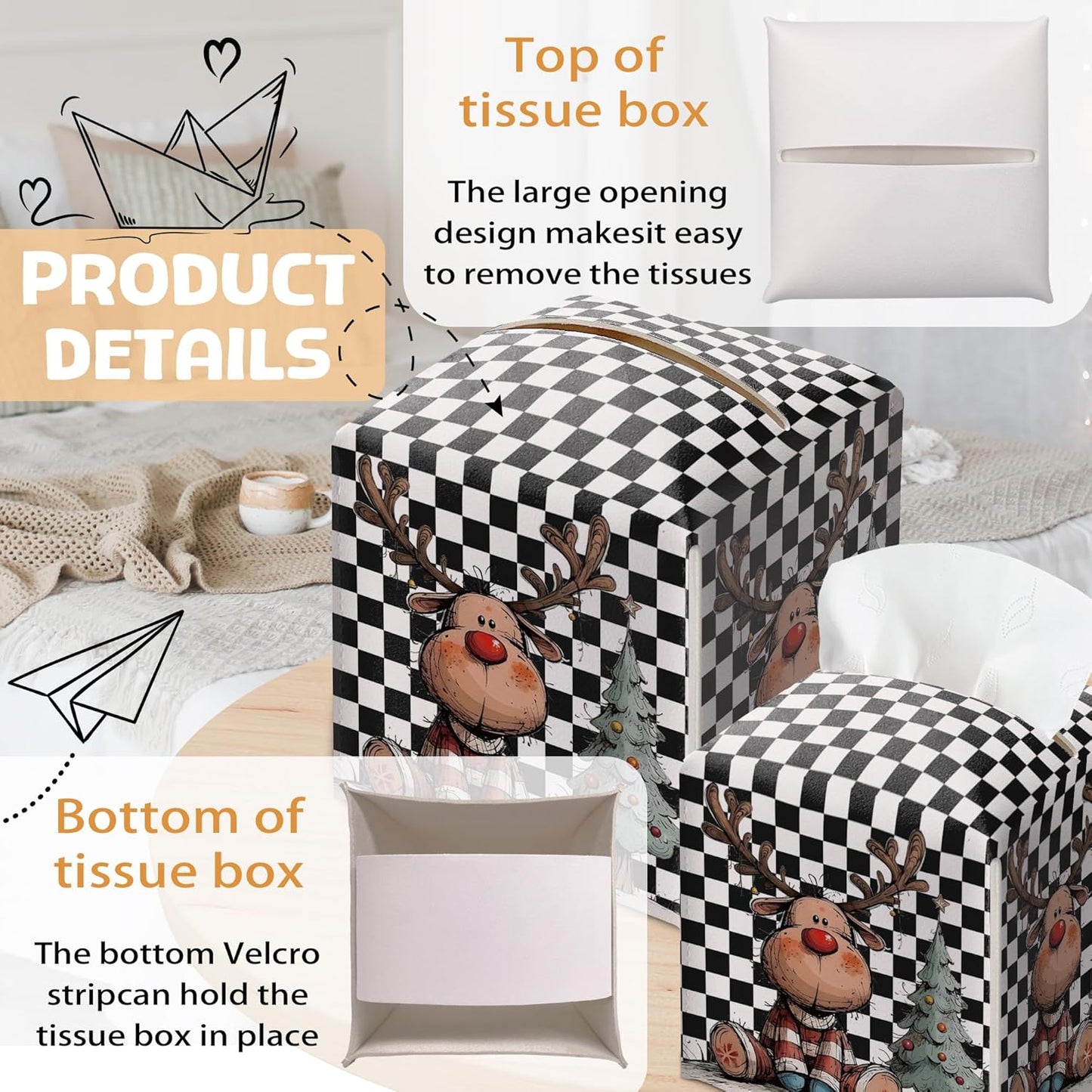 Black and White Checkered Tissue Box Holder, Watercolor Christmas Reindeer Leather Tissue Box Cover Square, Paper Facial Decorative Tissues Cover for Night Stands Bathroom Office Home Decor-B06