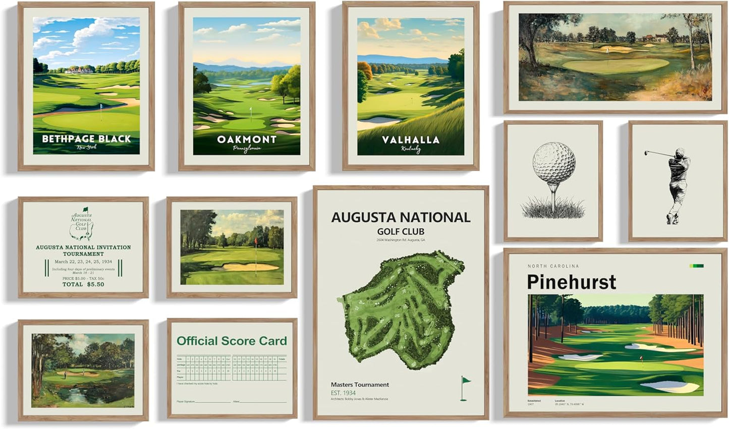 Golf Course 12 Piece Wall Collage Set, Premium Giclee Fine Art Prints - Augusta, Oakmont, Pinehurst, Golf Course Posters, Golf Wall Art, Aesthetic Poster for Home Office Decor, Ready to Frame