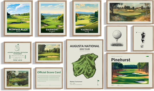 Golf Course 12 Piece Wall Collage Set, Premium Giclee Fine Art Prints - Augusta, Oakmont, Pinehurst, Golf Course Posters, Golf Wall Art, Aesthetic Poster for Home Office Decor, Ready to Frame