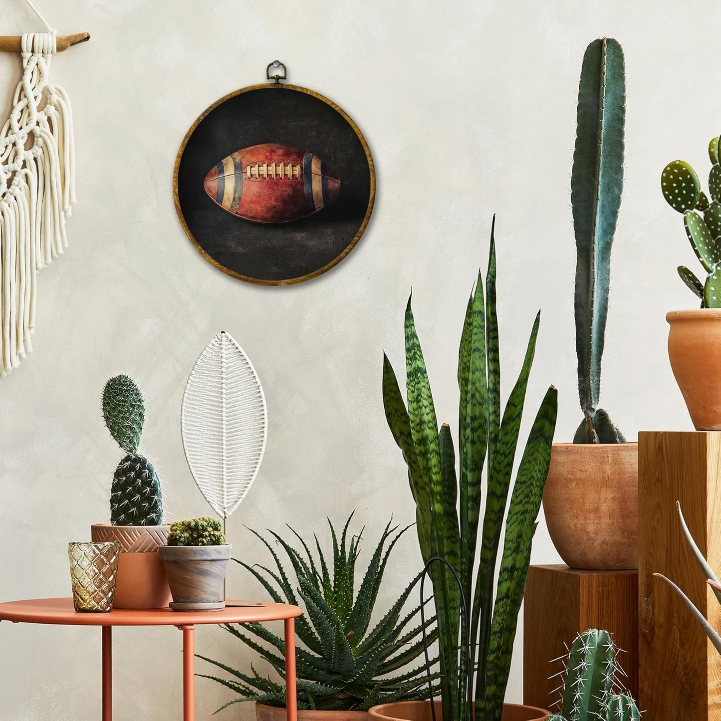 Vintage American Football Wall Art Decor, Retro Sports Framed Canvas Prints 10x10, Rustic Classic Football Round Wall Hanging Artwork Decorations for Bedroom Home Gym Sport Room