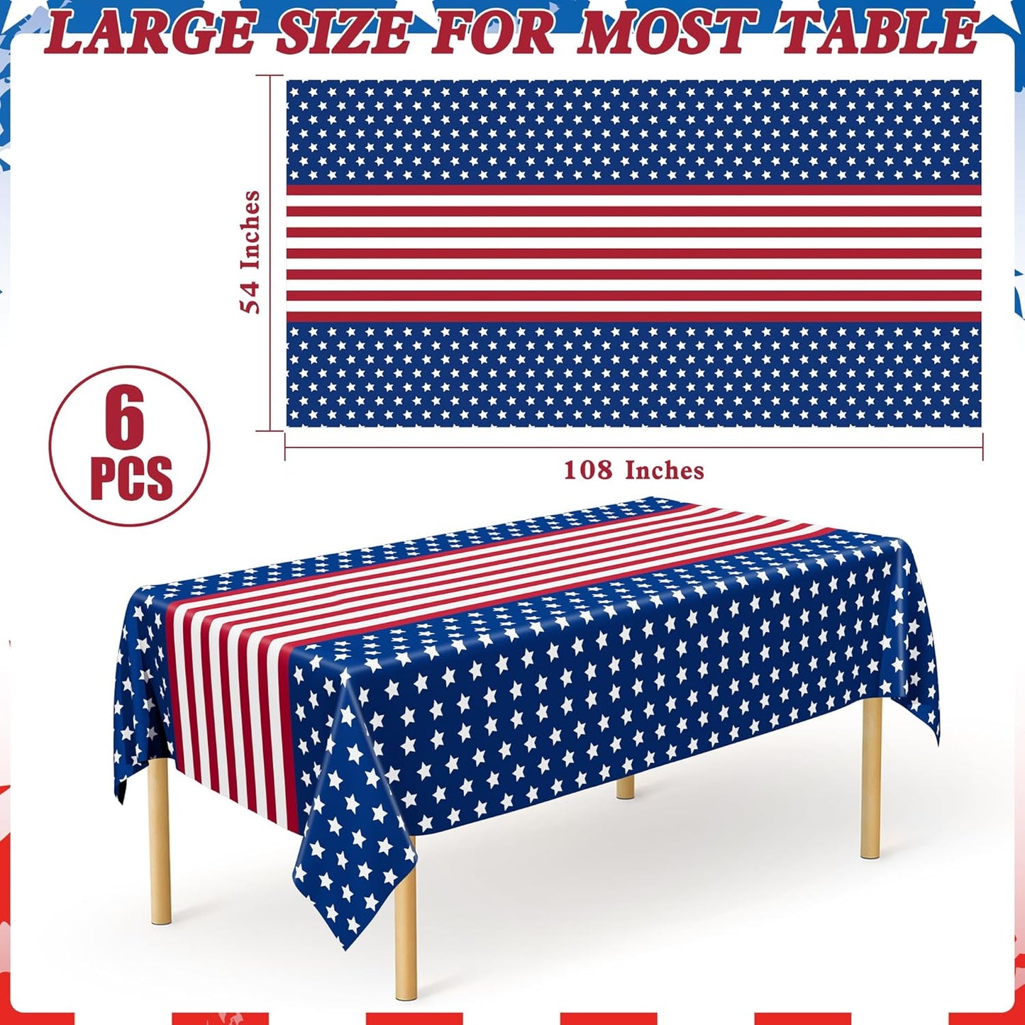 QZYL 6 Pack 4th of July Decorations, 54" x 108" USA Plastic Table Cover, Water Proof Fourth of July Tablecloth Patriotic Tablecloths, Red White Blue USA Decor Memorial Day Party Supplies