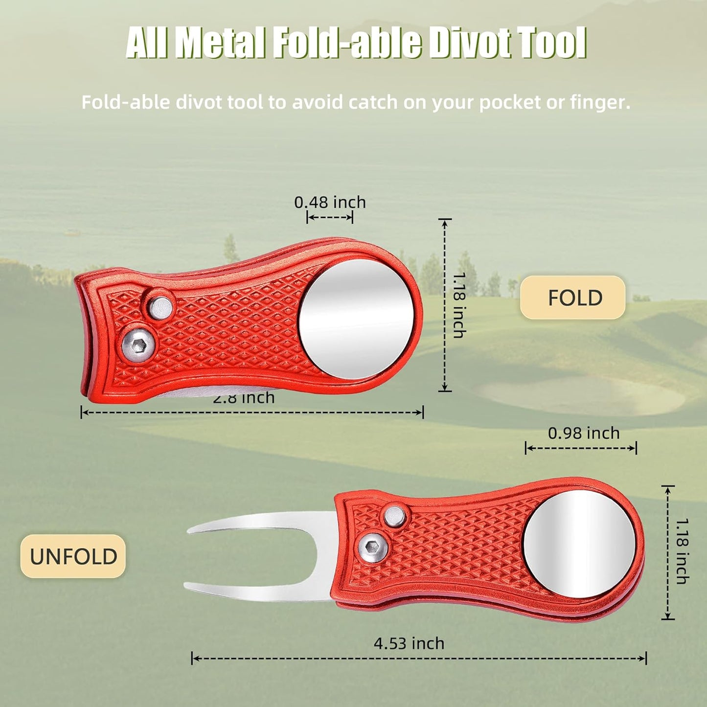 Mile High Life Golf Divot Repair Tool, All Metal Foldable Divot Tool with Pop-up Button & Magnetic Ball Marker