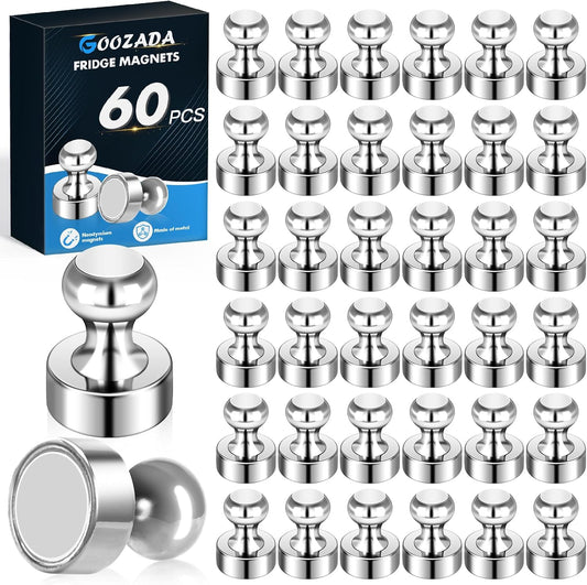 Small Strong Refrigerator Magnets Black Magnets for Fridge Mini Magnetic Push Pins Metal Brushed Nickel for Whiteboard Map, Fridge Magnets Adult, Office Magnet (Silver, 60Pack)