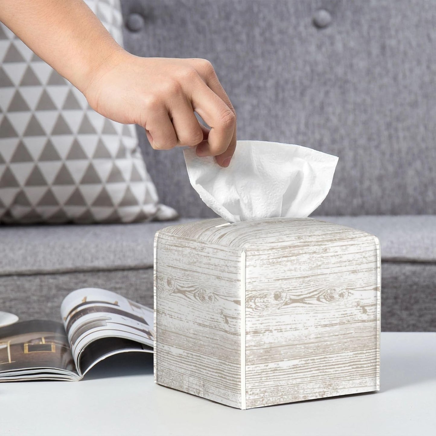 Bless You Tissue Box Cover Square, Wooden Board Texture Tissue Box Holder Waterproof Leather Facial Paper Organizer Dispenser for Bathroom Home Car Nightstand Vanity Desk