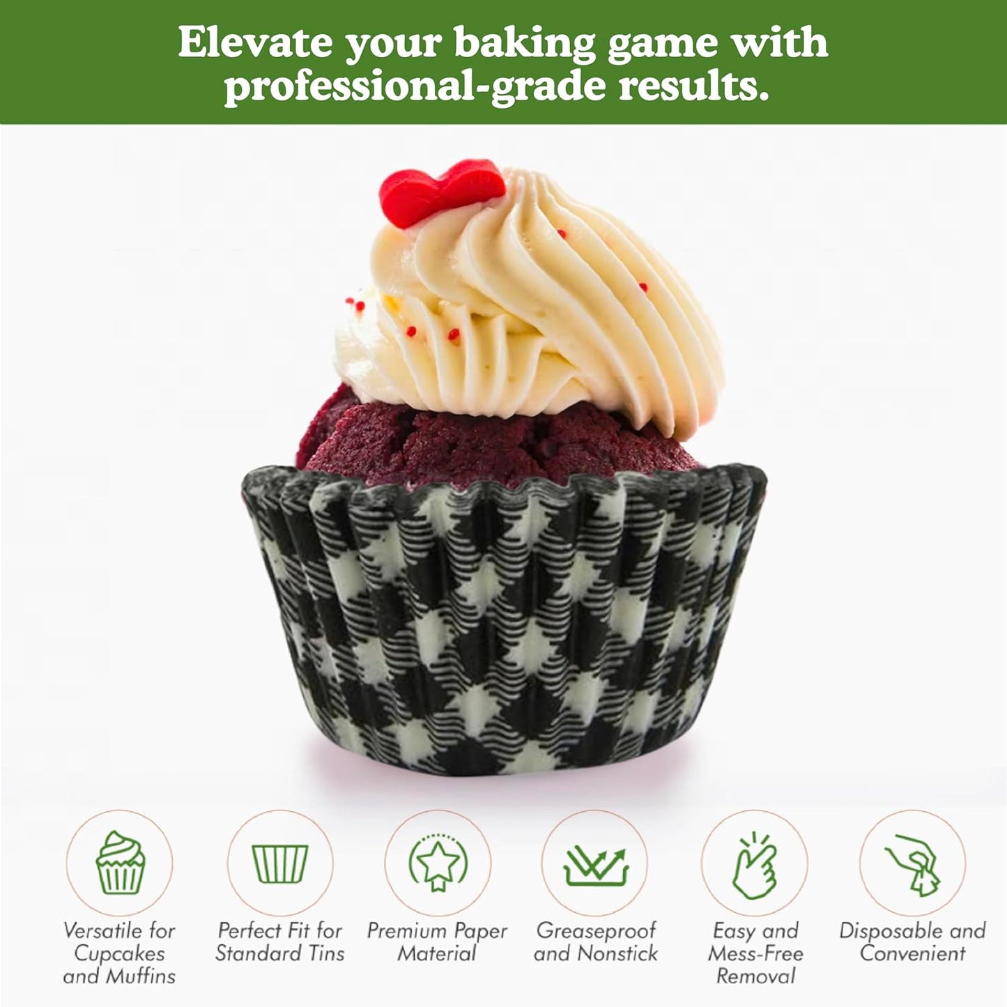 Regency Wraps Greaseproof Professional Grade Baking Cups, Pack of 40, Standard Liners, Black Gingham, for Cupcakes, Muffins, Candy, Non Stick