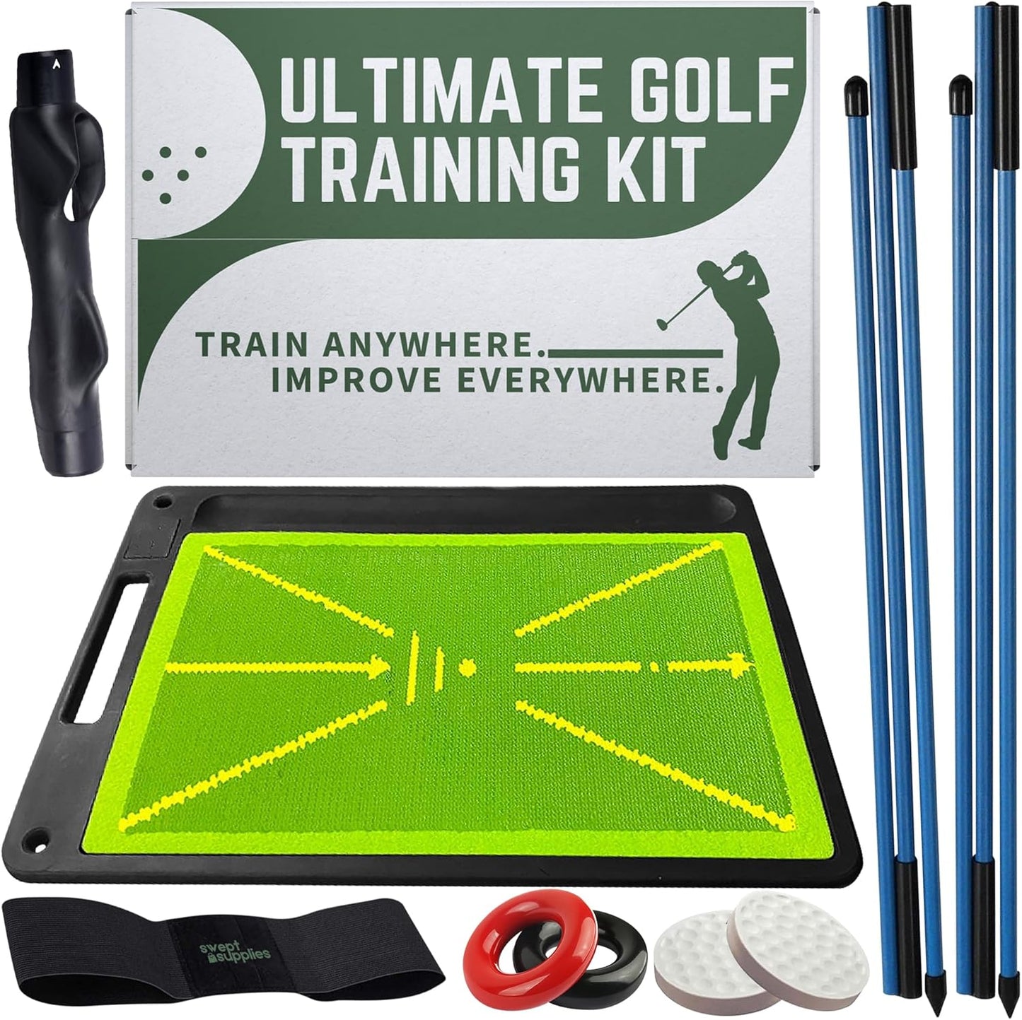 6-in-1 Golf Training Aid w/Divot Board, Golf Grip Trainer, Swing Trainer, Alignment Sticks | Golf Accessories for Men & Women | Hitting Mat Practice Indoor & Outdoor